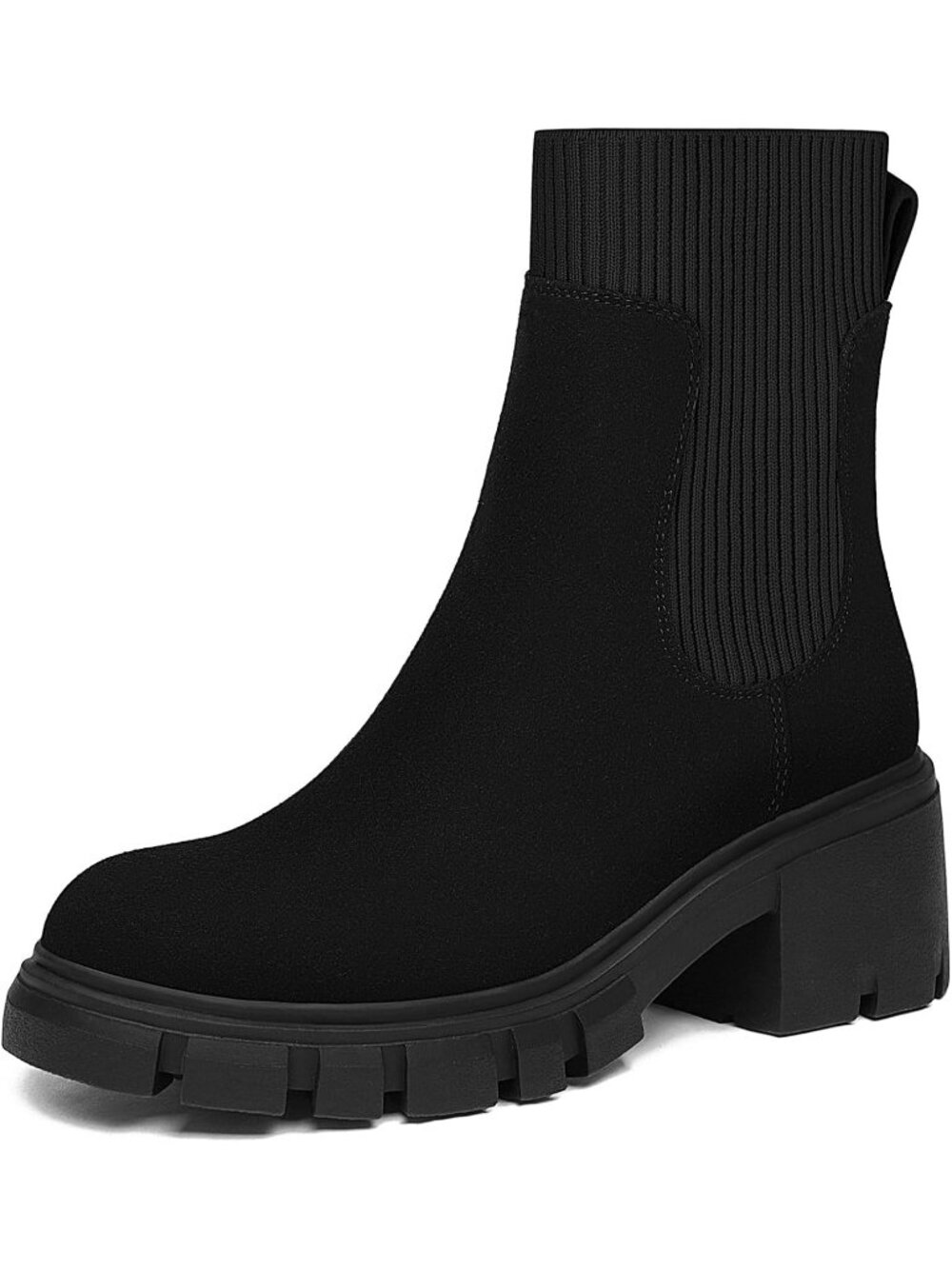 Women's Black Round Toe Chelsea Ankle Boots Lug Sole Slip On Booties